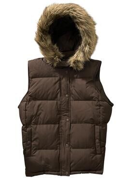 GAP Womens (L) Brown Zip-Up Puffer Vest with Fur-Trimmed Detachable Hood - Lined
